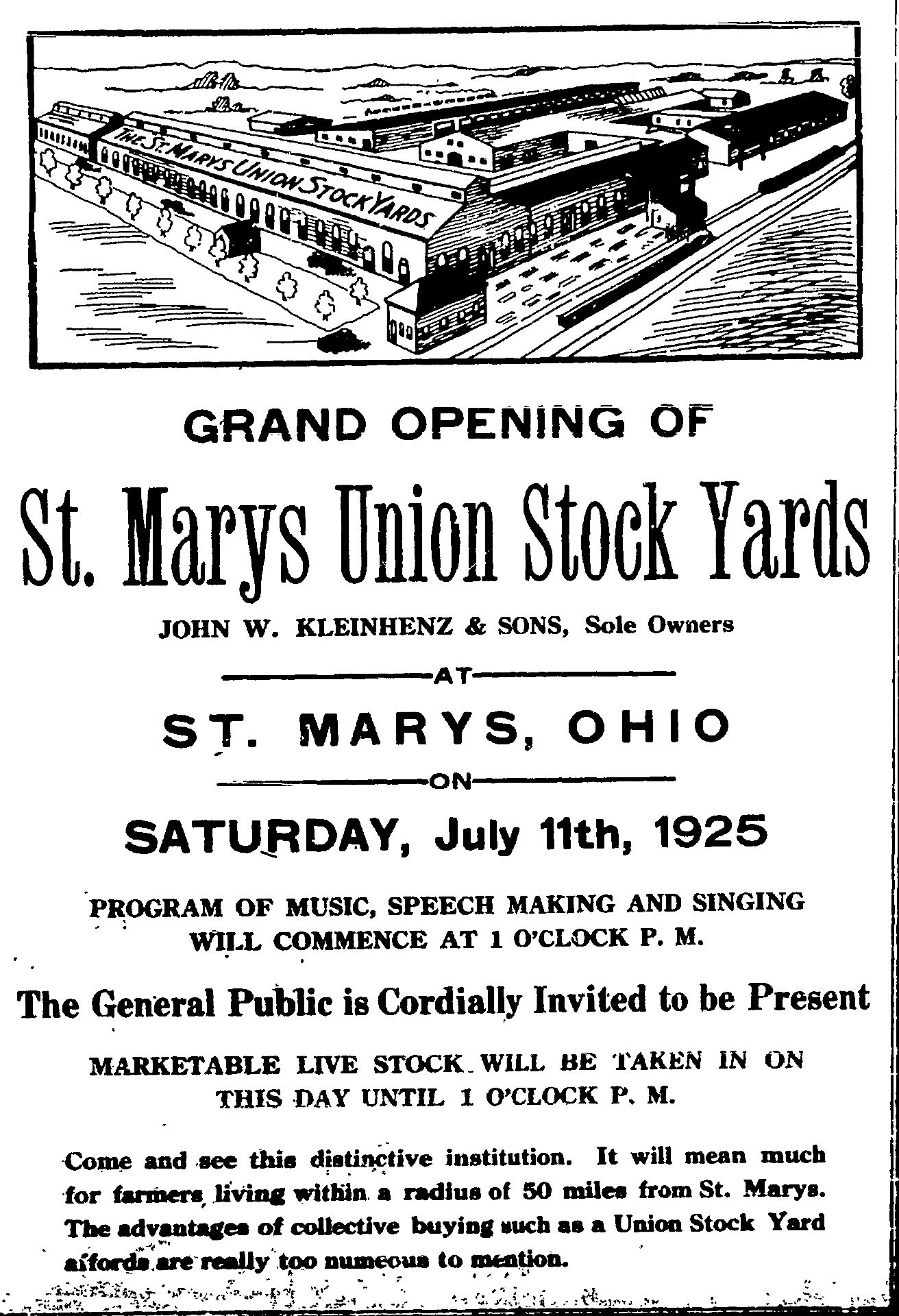 Newspaper Notice: Grand opening of the St. Marys Union Stockyards