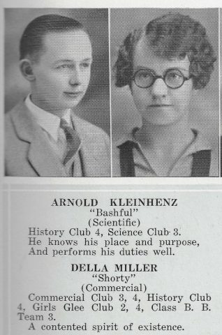 Arnold Kleinhenz ~ Memorial High School St. Marys, Ohio Yearbook ~ Class of 1927 ~ Page 21 ~ Portrait ~ "Bashful" (Scientific) History Club 4, Science Club 3. He knows his place and purpose, And performs his duties well. Source: St. Marys Community Public Library