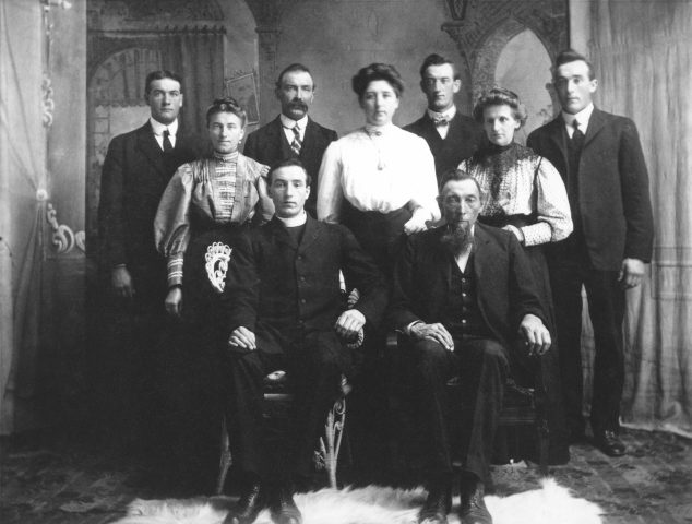 Frank Kremer Family. Year taken 1907. Standing L-R: August, Catherine, John, Anna, Anthony, Elizabeth & Frank Jr. Seated L-R: Reverend Sebastian and Frank Sr. Frank Sr.'s wife, Mary (Seitz) Kremer died in 1888. Elizabeth Kremer is Alfrida (Kleinhenz) Willke's mother.