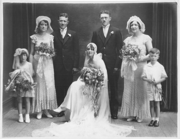 Standing L-R Hilda Thieman, Pauline Kleinhenz, Al Willke, Edgar Willke, Hilda Kleinhenz, Jack Willke. Seated Alfrida (Kleinhenz) Willke at Alfrida and Edgar Willke's Wedding on July 21, 1931 in St. Mary's Ohio.
