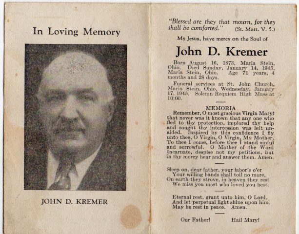 John D Kremer Memorial Death Card. John D. Kremer is brother of Elizabeth Kremer who married John W. Kleinhenz. Source: Nancy (Golubic) Kleinhenz