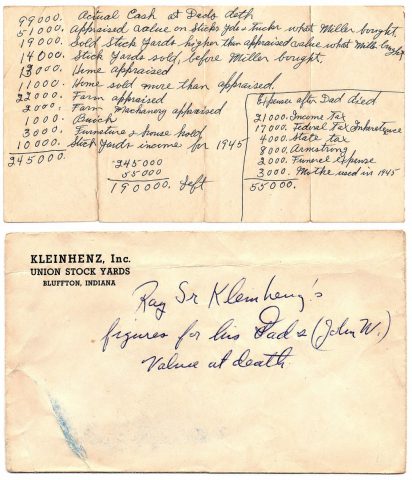 John W. Kleinhenz estate value in 1925. Handwritten by his son, Raymond Kleinhenz, on an envelope. Source: Nancy Gloubic Kleinehnz