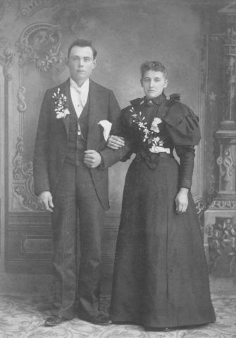 John W. Kleinhenz and Elizabeth Kremer on the wedding day. They were married on November 6, 1895, at St. John Catholic Church, Maria Stein, Ohio. To this union 10 children were born, all at St. Rose, Mercer County, Ohio. Elizabeth Kremer is the daughter of Frank and Mary Seitz Kremer. She was born on the Kremer farm where her grandparents and great grandparents had lived in Maria Stein, Ohio, on October 19, 1874.