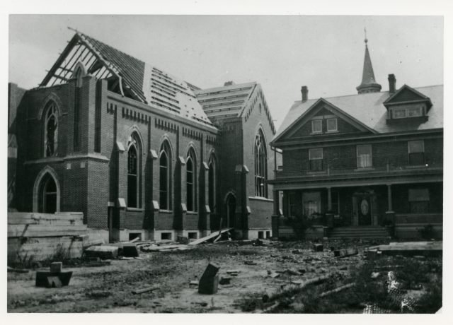 St. Rose Church under construction. 1911. Alfrida (Kleinhenz) Willke writes: This picture brings back many happy memories. I used to take milk daily to the priest house. We lived across the street from the church. I can remember the church being built. As a 7-year-old, I sat on the front porch of our farmhouse and watched the construction in awe.

January 1910: The need for a new, larger church was formally presented to the congregation.

1910: Construction of the third and present church began.

1911: Construction was completed.

Cost: approximately $26,479.

The high altar was added in 1913, with additional altar work purchased in 1920.

Before the first church was constructed, mass in St. Rose was held in the home of Joseph Kleinhenz, who immigrated from Bavaria, Germany. 

In 1837, Joseph Kleinhenz and his wife Mary Meiner bought 80 acres of uncultivated land from the U.S. Government. This land is located directly across the street from St. Rose Catholic Church. 

Joseph Kleinhenz sold several acres of land to Bishop Purcell, which were used to build the first Catholic Church in 1844, a log church, in St. Rose. Joseph Kleinhenz and family are listed as family #1 in the Parish Record of Families - 1846.

Joseph Kleinhenz is my 3x great-grandfather. He is buried in St. Rose Cemetery.
