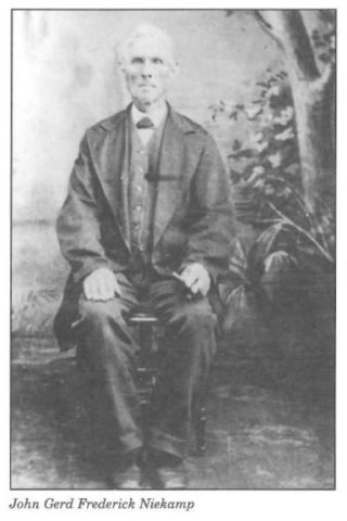 Johan Gerd Frederick Niekamp (1811-1894). Photo undated. Johan Gerd Frederick Niekamp son of Johan Henrich and Catharina Margarethe, nee Mormann, Niekamp was born on April 9, 1811 in Essen, Oldenburg, Germany. In the year 1833 Johan Gerd Frederick Niekamp made the decision that so many of his fellow countrymen did and migrated to the United States of America.